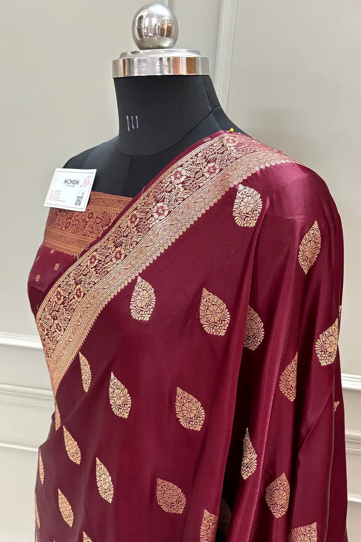 Maroon Badami Buta Katan Silk Banarasi Saree