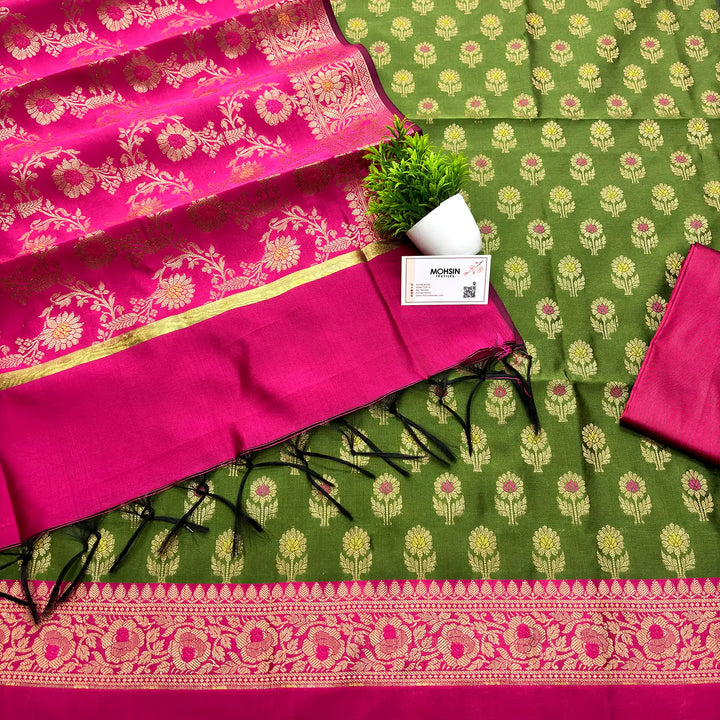 Mehendi and Pink Contrass Satin Silk Banarasi Suit