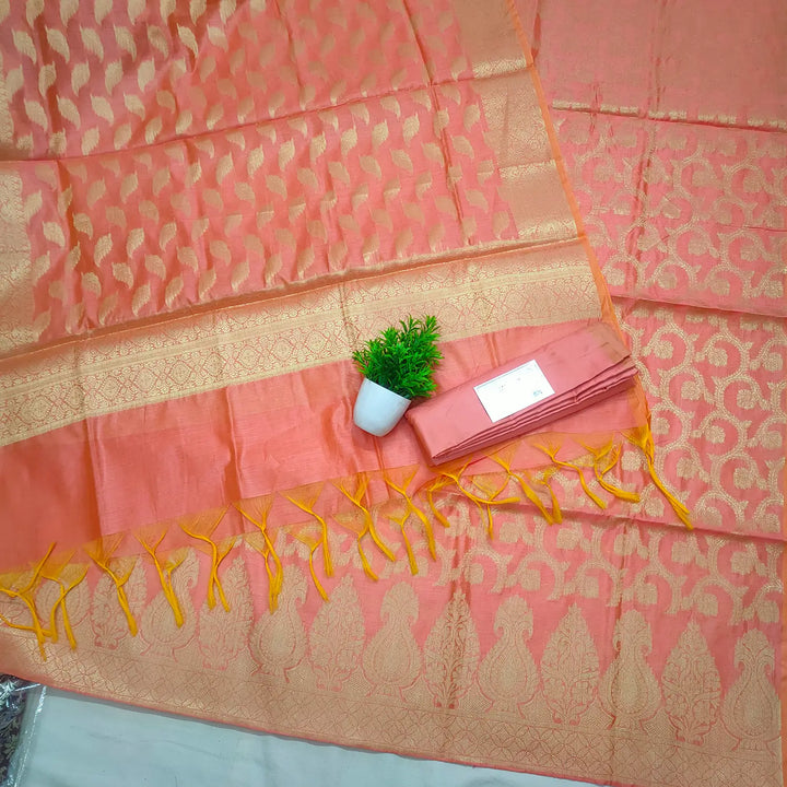 Peach Golden Zari Banarasi Silk Suit