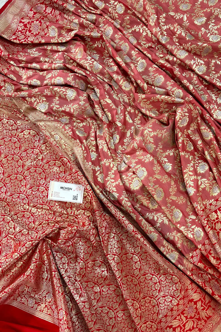 Peach and Red Maharani Jaal Crepe Silk Banarasi Saree