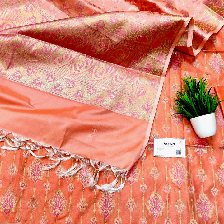 Peachy Orange Pink Meena Katan Silk Banarasi Suit