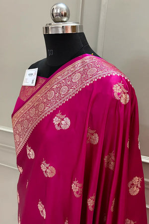 Pink Golden Flower Katan Silk Banarasi Saree