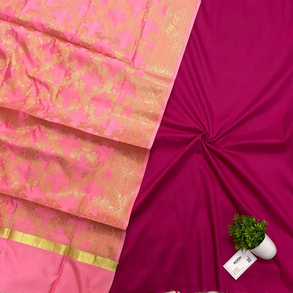 Pink and Baby Pink Contrass Plain Banarasi Suit