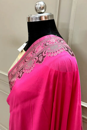 Pink and Beige Plain Resham Silk Banarasi Saree