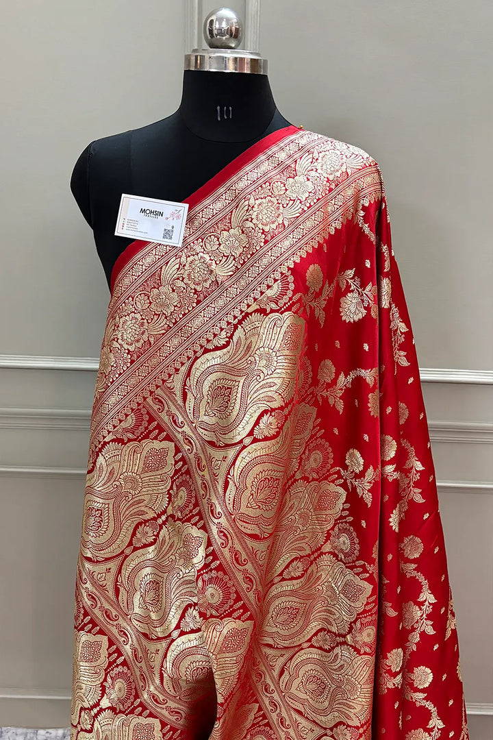 Red Tirchi Daal Katan Silk Banarasi Saree