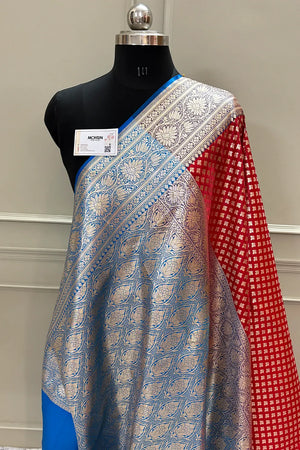 Red and Blue Chidi Buti Katan Silk Banarasi Saree