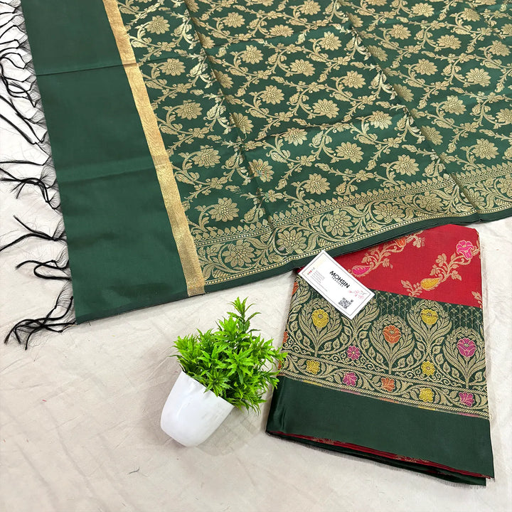 Red and Bottle Green Rang Mahal Satin Silk Banarasi Suit