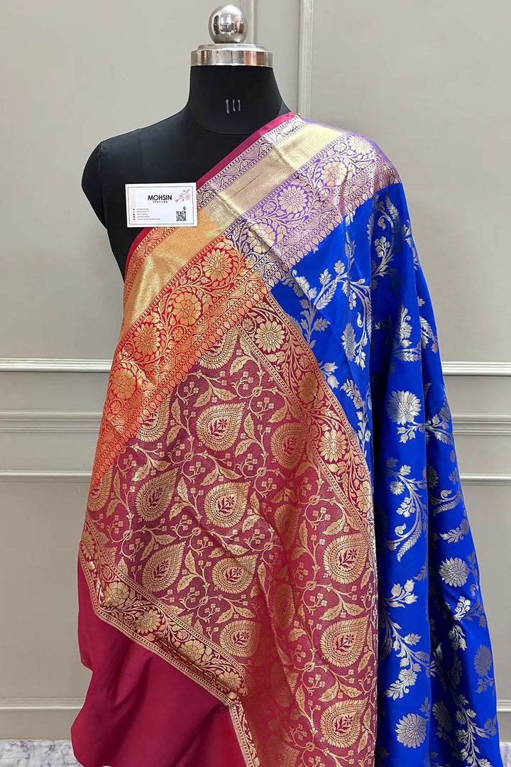 Royal Blue and Maroon Morpankhi Jaal Satin Silk Banarasi Saree