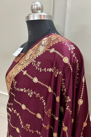 Wine Sunehri Lehar Katan Silk Banarasi Saree