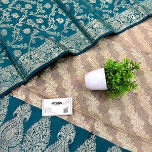 Beige and Teal Kalgha Laheriya Banarasi Silk Suit