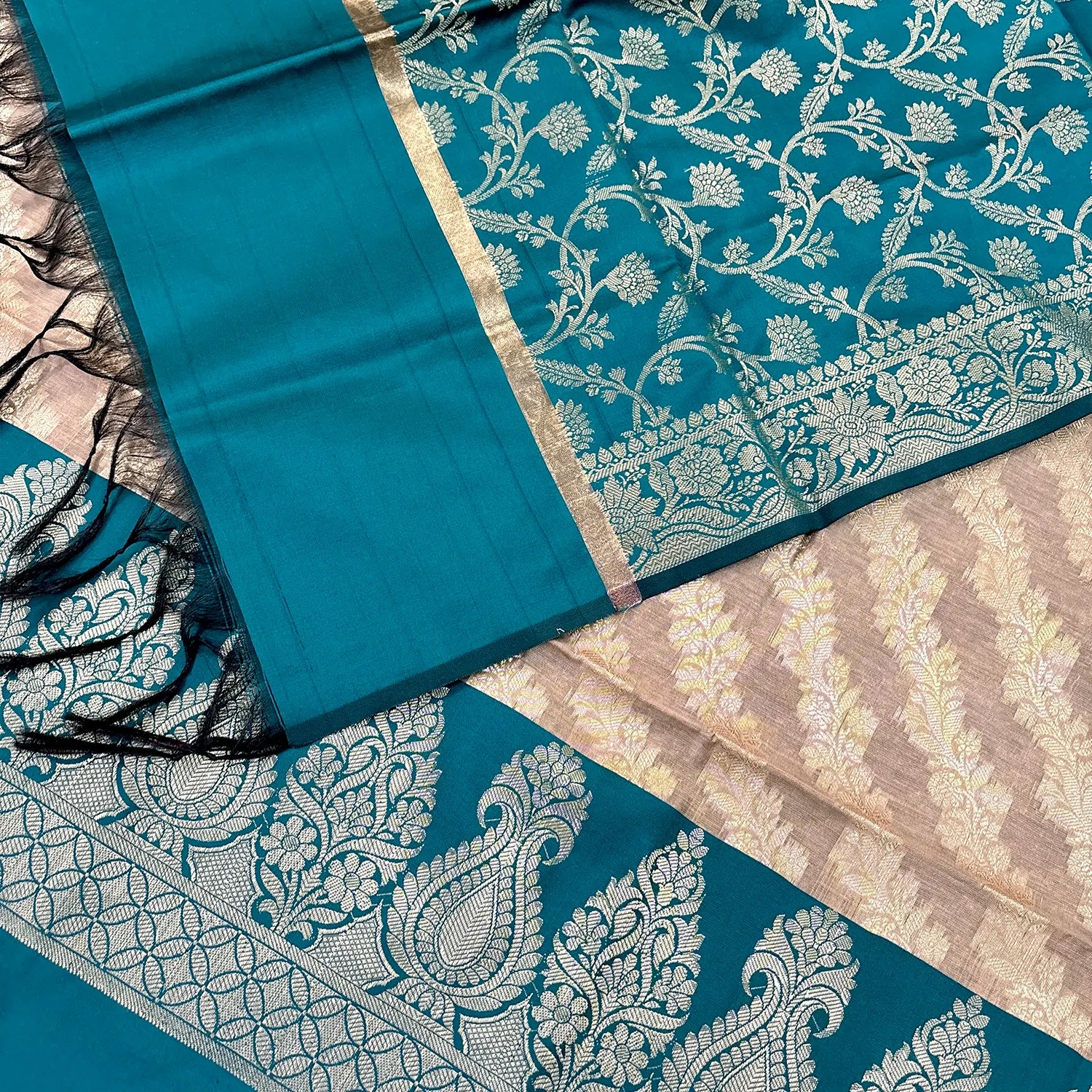 Beige and Teal Kalgha Laheriya Banarasi Silk Suit