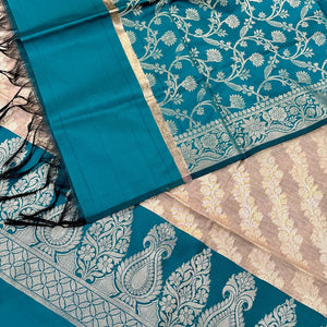 Beige and Teal Kalgha Laheriya Banarasi Silk Suit