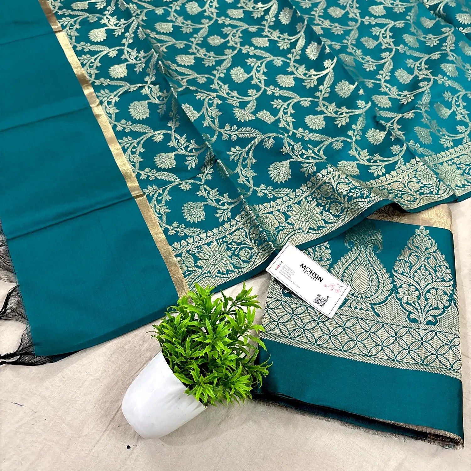 Beige and Teal Kalgha Laheriya Banarasi Silk Suit