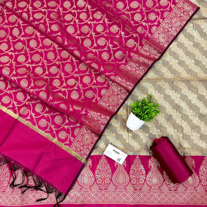 Beige and Pink Kalgha Laheriya Banarasi Silk Suit