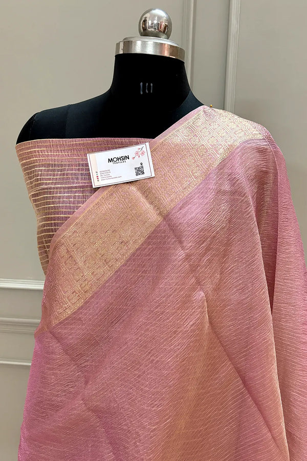 Baby Pink Chokdi Crush Tissue Silk Banarasi Saree