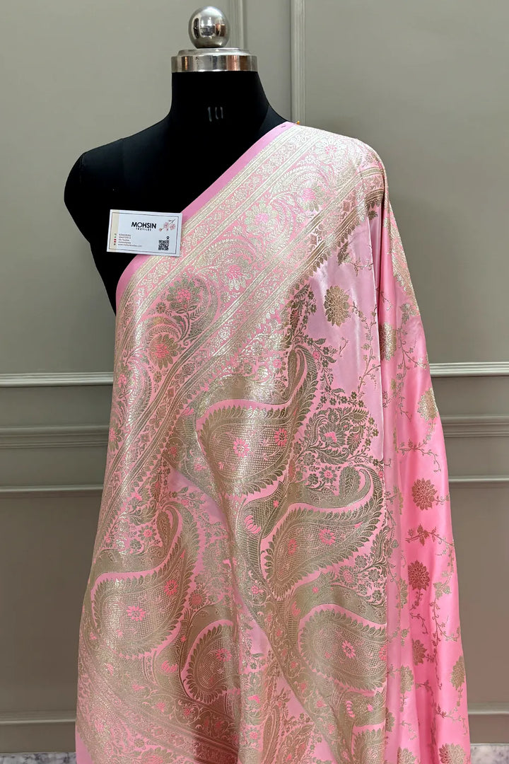 Baby Pink Golden Zari Katan Silk Banarasi Saree