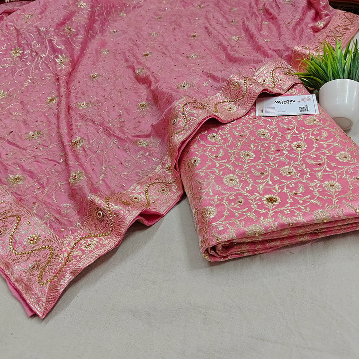 Baby Pink Stone Work Kimkhab Silk Banarasi Gharara