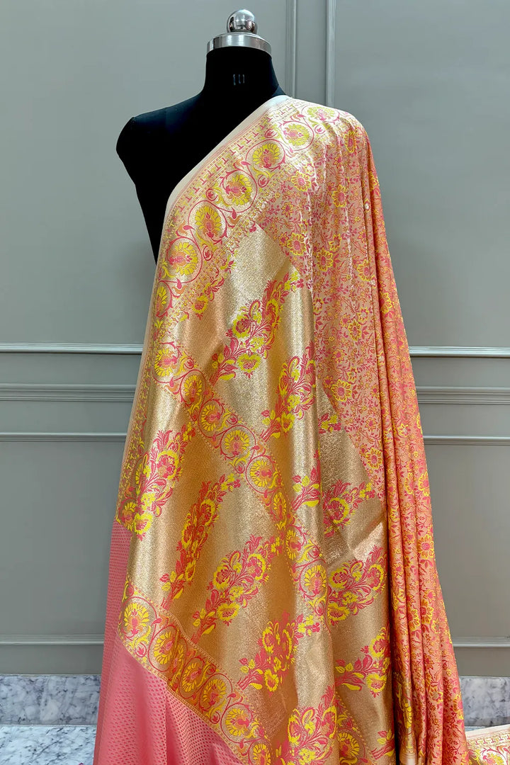 Baby Pink and Peach Jungle Fool Katan Silk Banarasi Saree