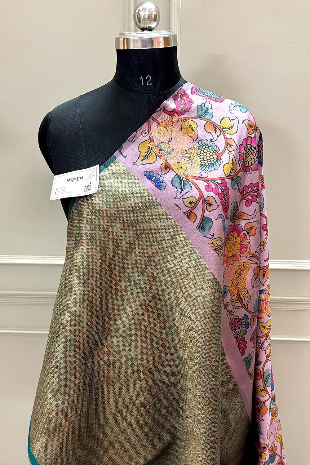 Baby Pink and Teal Printed Silk Saree