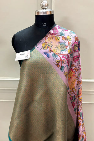 Baby Pink and Teal Printed Silk Saree