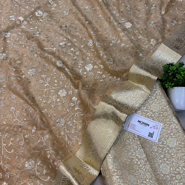 Beige Golden Zari Kimkhab Silk Banarasi Gharara