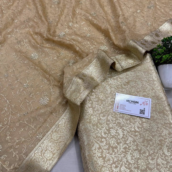 Beige Golden Zari Kimkhab Silk Banarasi Gharara