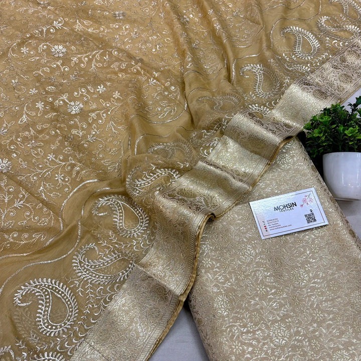 Beige Golden Zari Kimkhab Silk Banarasi Gharara