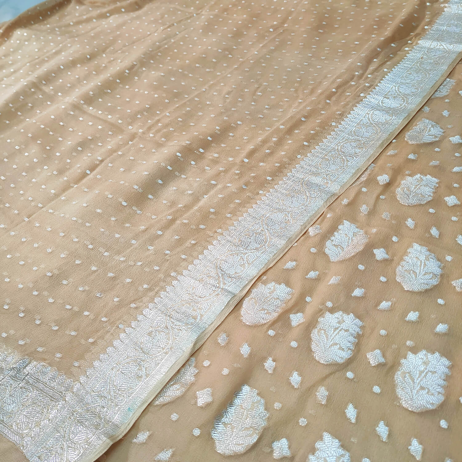 Beige Silver Zari Handloom Georgette Banarasi Suit
