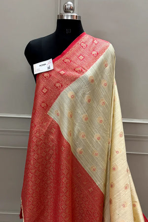 Beige and Red Golden Zari Linen Silk Banarasi Saree