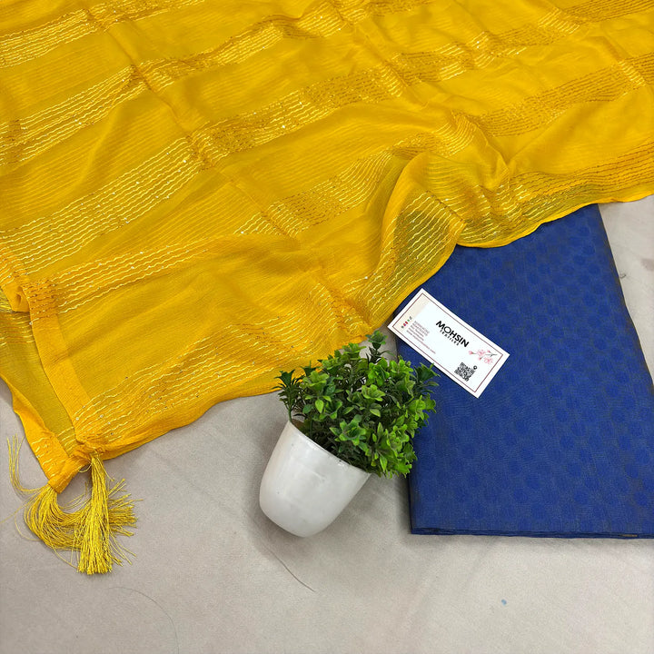 Blue and Yellow Resham Zari Banarasi Silk Suit