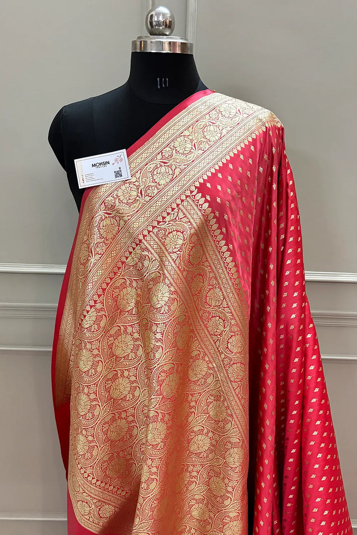 Strawberry Pink Golden Zari Katan Silk Banarasi Saree