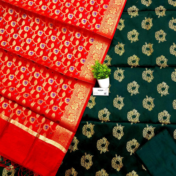 Bottle Green And Red Satin Silk Banarasi Suit