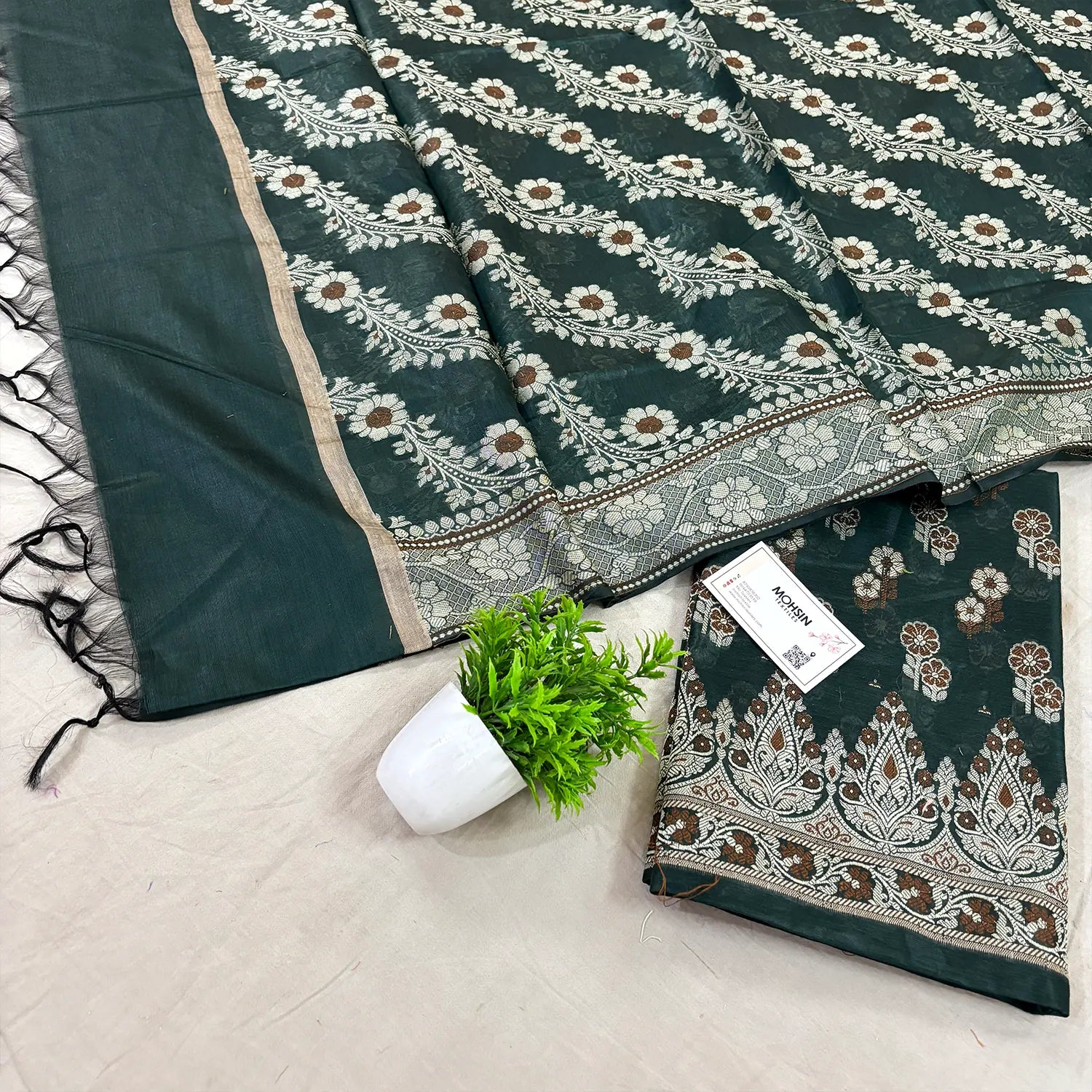 Bottle Green Fan Flower Banarasi Silk Suit
