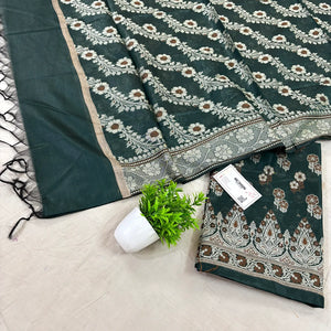 Bottle Green Fan Flower Banarasi Silk Suit