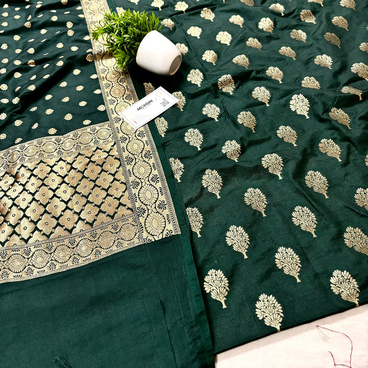 Bottle Green Golden Zari Katan Silk Banarasi Suit