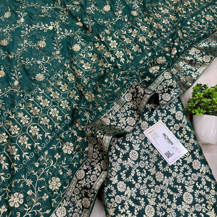 Bottle Green Golden Zari Kimkhab Silk Banarasi Gharara