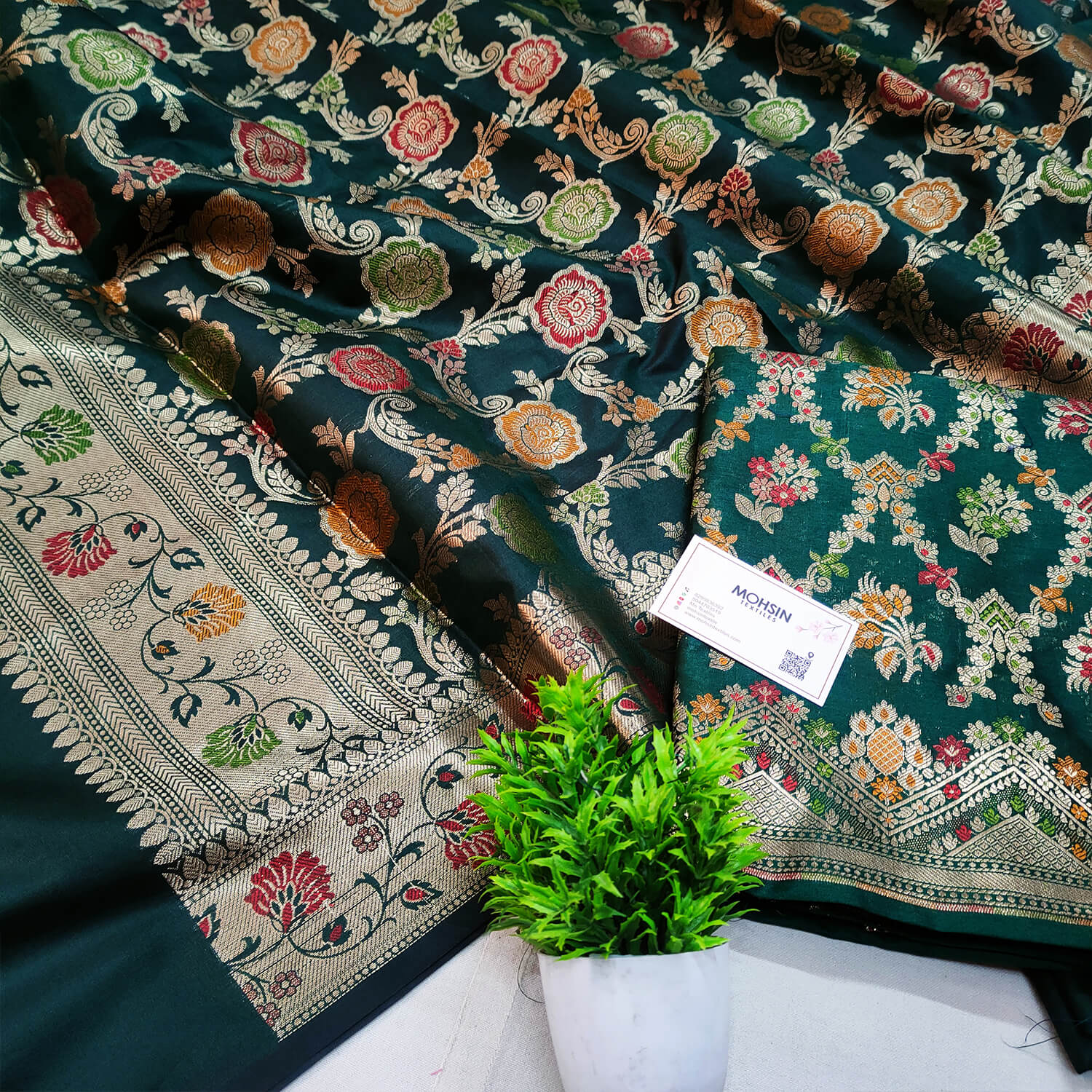 Bottle Green Meenakari Katan Silk Banarasi Suit