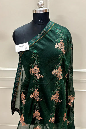 Bottle Green Embordiery Siroski Work Georgette Silk Saree