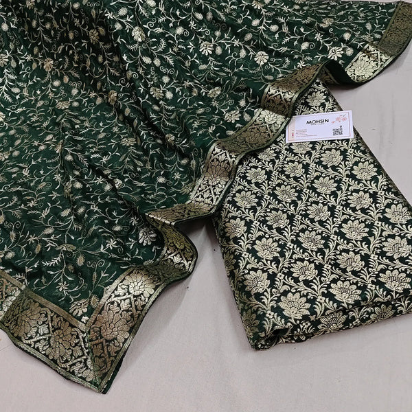 Bottle Green Golden Zari Kimkhab Silk Banarasi Gharara