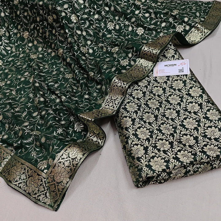 Bottle Green Golden Zari Kimkhab Silk Banarasi Gharara