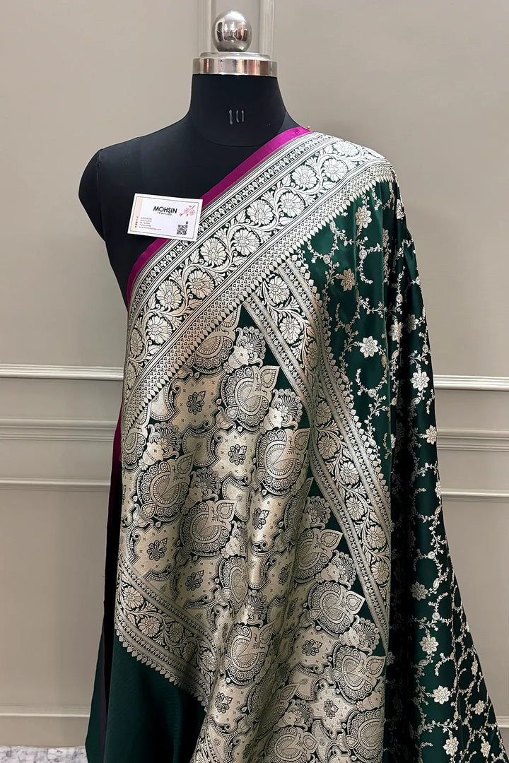 Bottle Green Vardhman Jaal Katan Silk Banarasi Saree