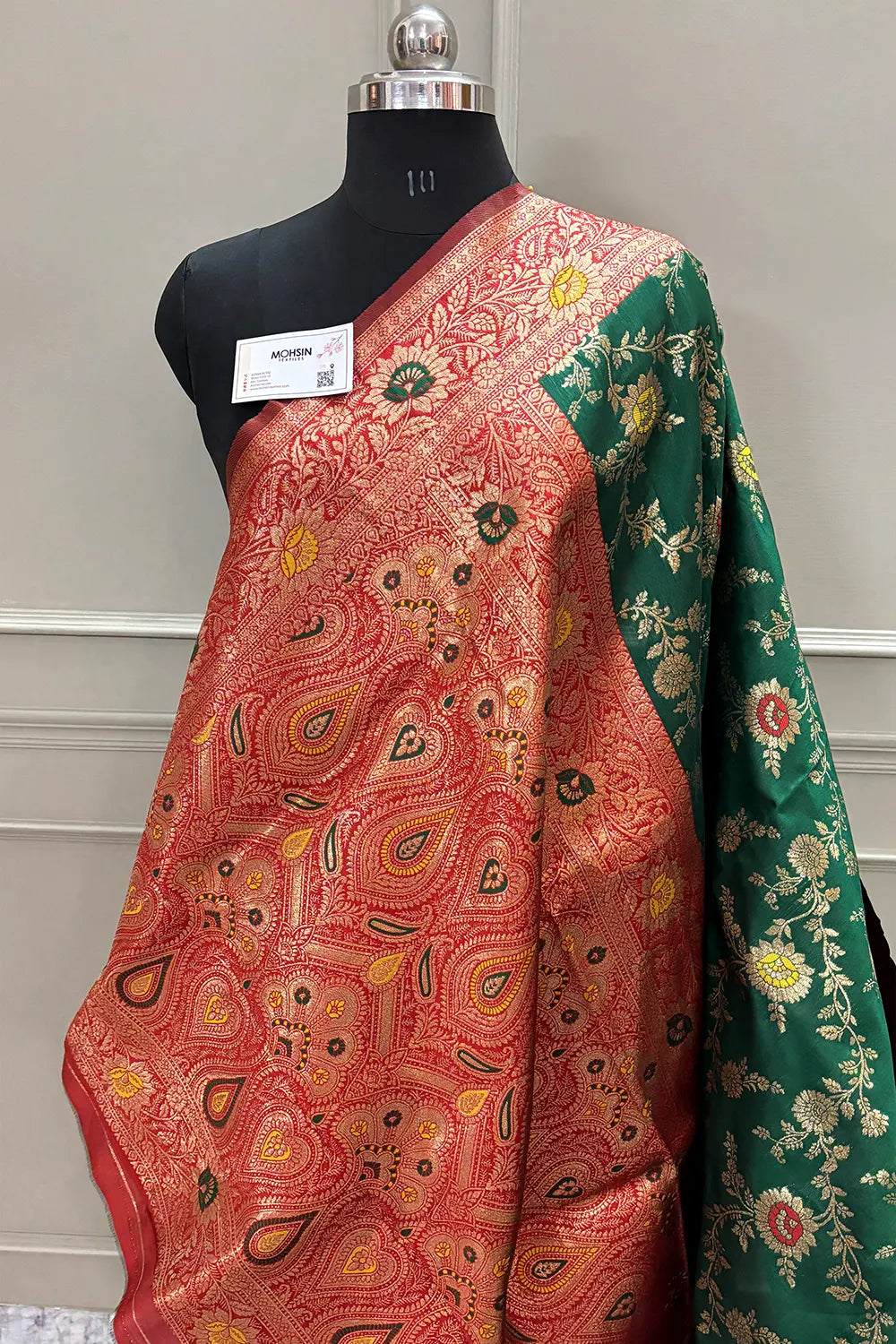 Bottle Green and Maroon Resham Zari Silky Banarasi Saree