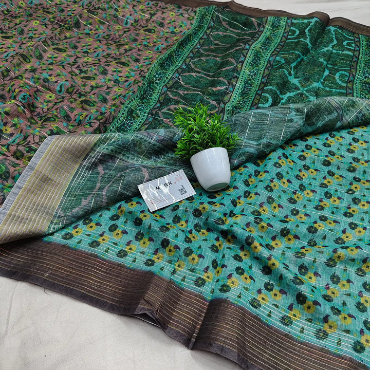 Brown and Green Printed Cotton Silk Banarasi Saree