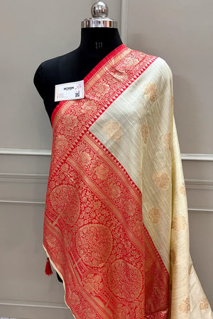 Cream and Red Golden Zari Linen Silk Banarasi Saree