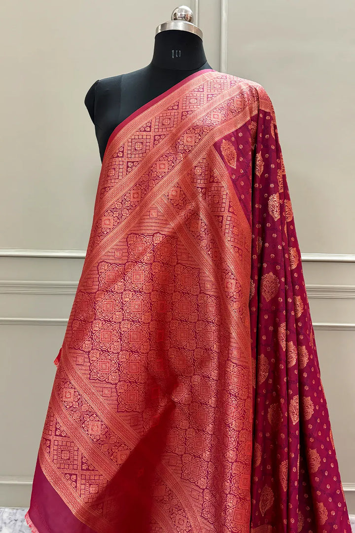 Dark Magenta Antique Zari Satin Silk Banarasi Saree