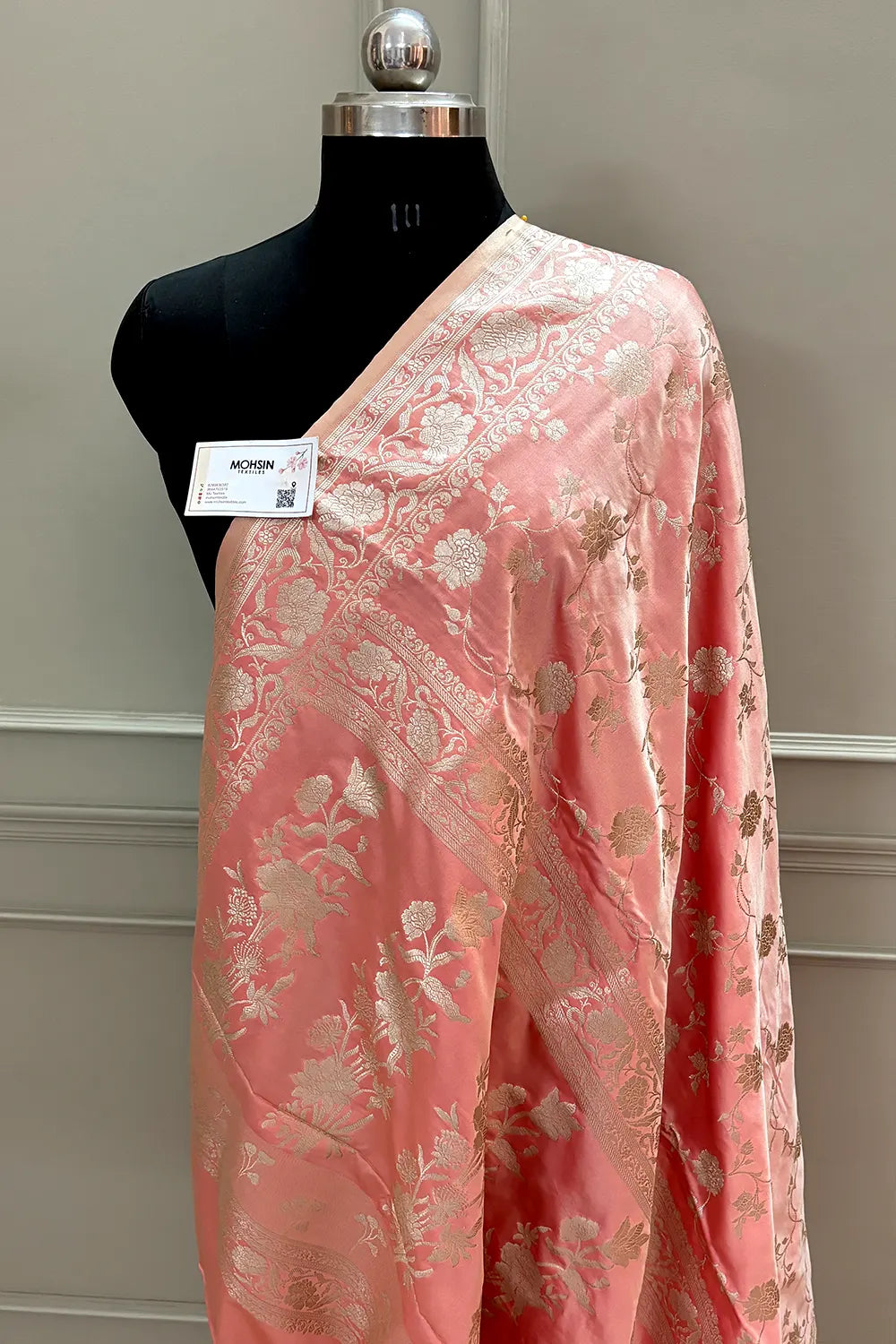 Dark Peach Kesari Jaal Katan Silk Banarasi Saree