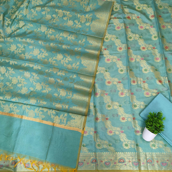 Firozi Laheriya Golden Zari Banarasi Silk Salwar Suit