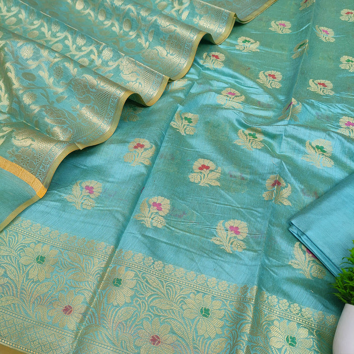Firozi Meenakari Golden Zari Banarasi Silk Salwar Suit