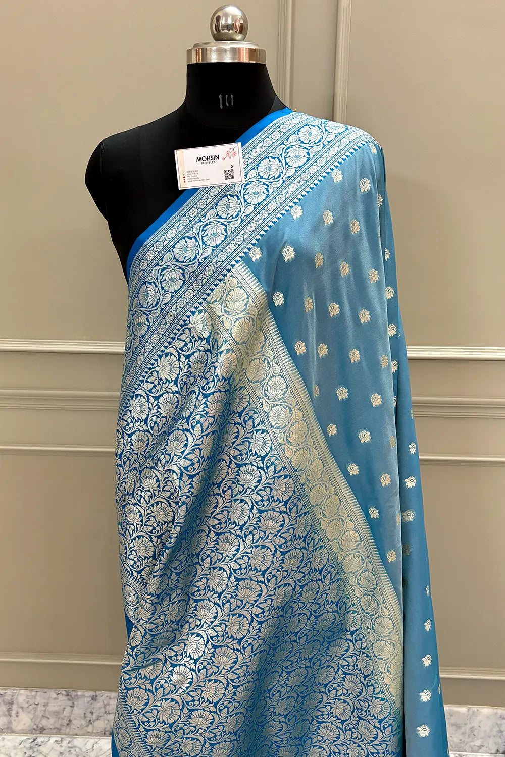 Firozi and Blue Ghonga Buti Katan Silk Banarasi Saree