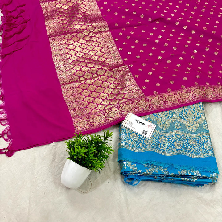 Firozi and Pink Katan Silk Banarasi Suit